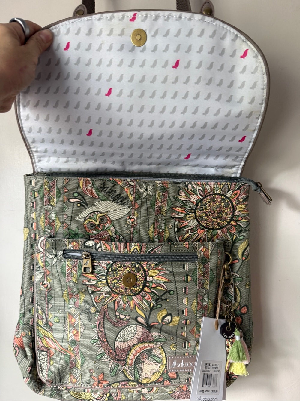 Sakroots Olive Green Floral Crossbody Messenger Bag with Tassels - Picture 4 of 10